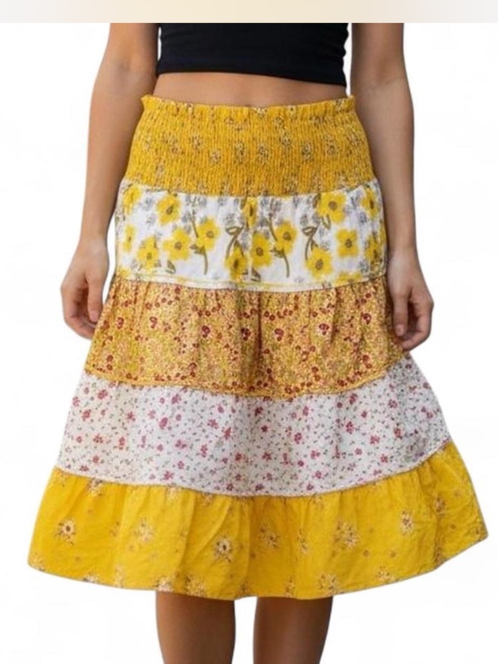 Charlotte Russe Patchwork Skirt XS Yellow Tier Smock Print Dot Floral Paisley